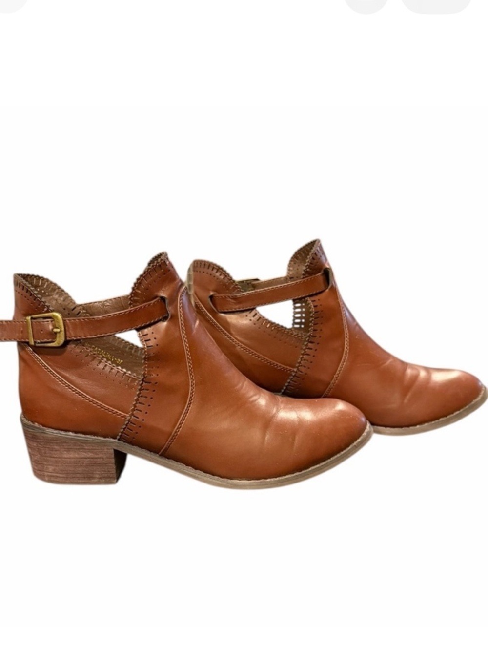 Yoki Catalina Cognac Faux Leather Cut Out Side Buckle Strap Block Heels Booties